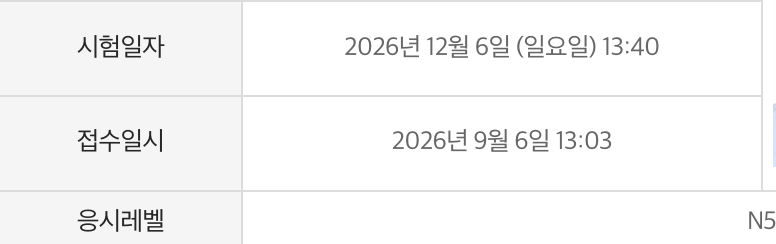 JLPT 접수 확인 화면. 시험일자 2026년 12월 6일 일요일 13:40, 접수일시 2026년 9월 6일 13:03, 응시레벨 N5.