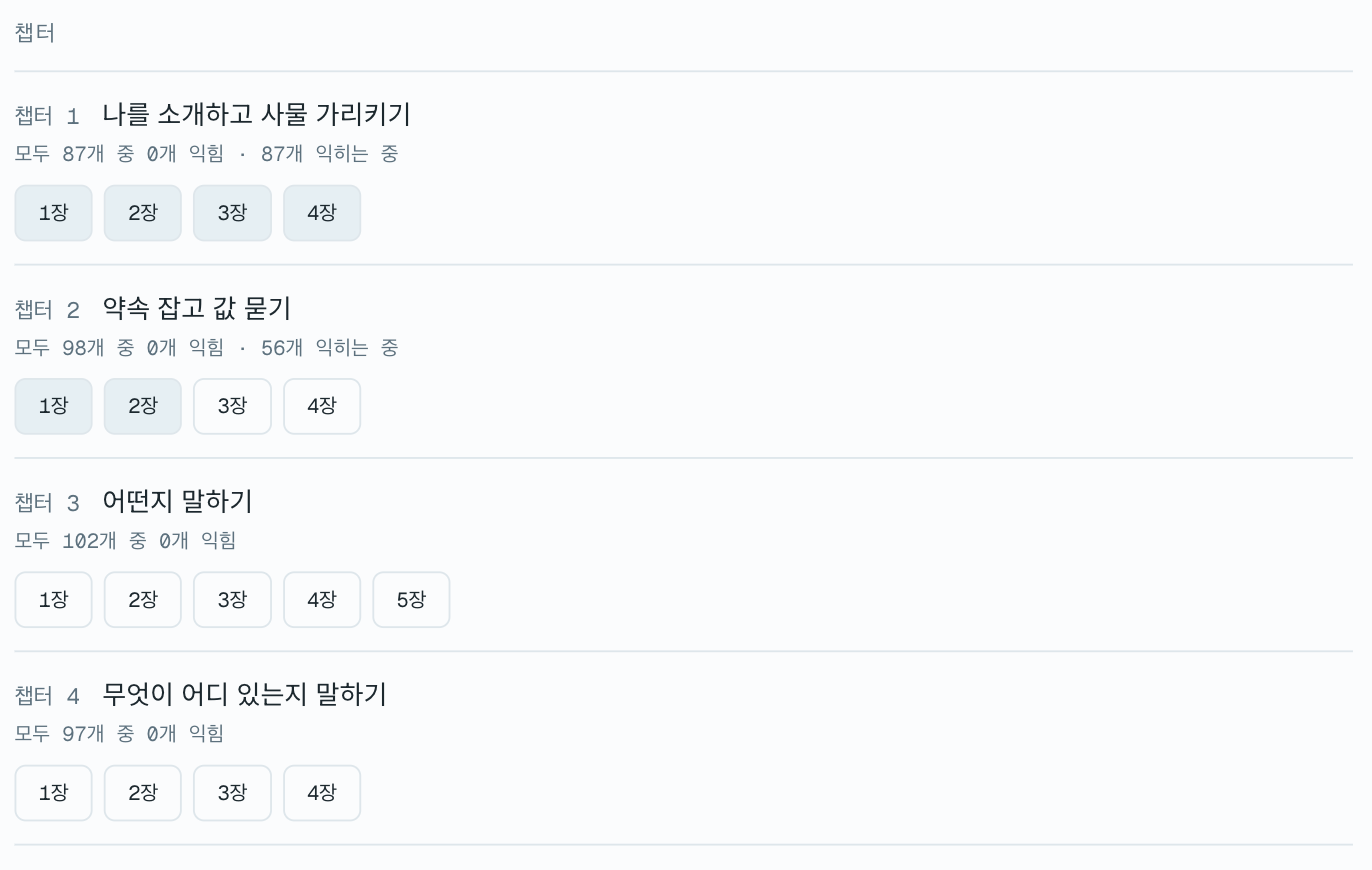 챕터 1부터 4까지의 목록. 챕터마다 제목과 진도가 있고, 그 아래에 1장·2장처럼 나눈 단추가 있다.
