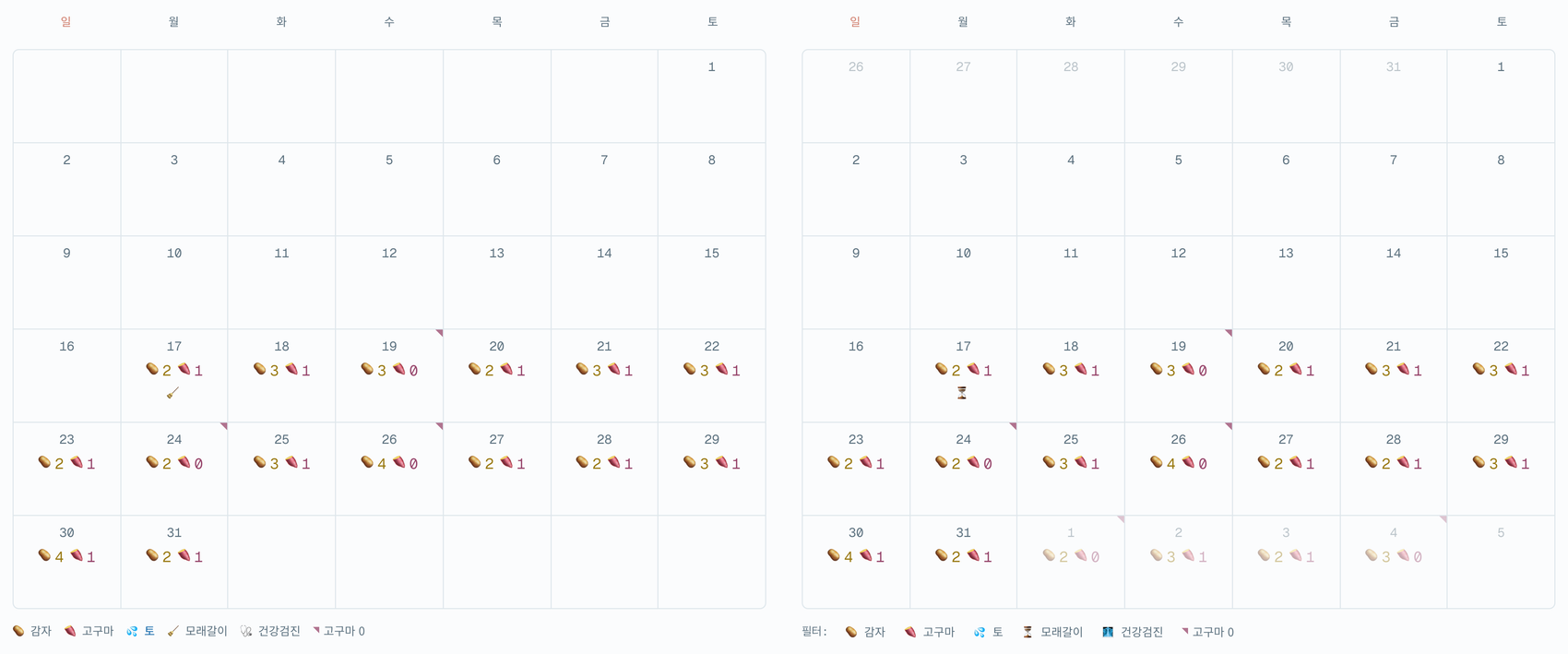 8월 달력. 왼쪽은 첫 주 앞과 마지막 주 뒤가 빈 칸, 오른쪽은 7월 26일부터 9월 5일까지 흐린 날짜와 기록이 채워져 있다