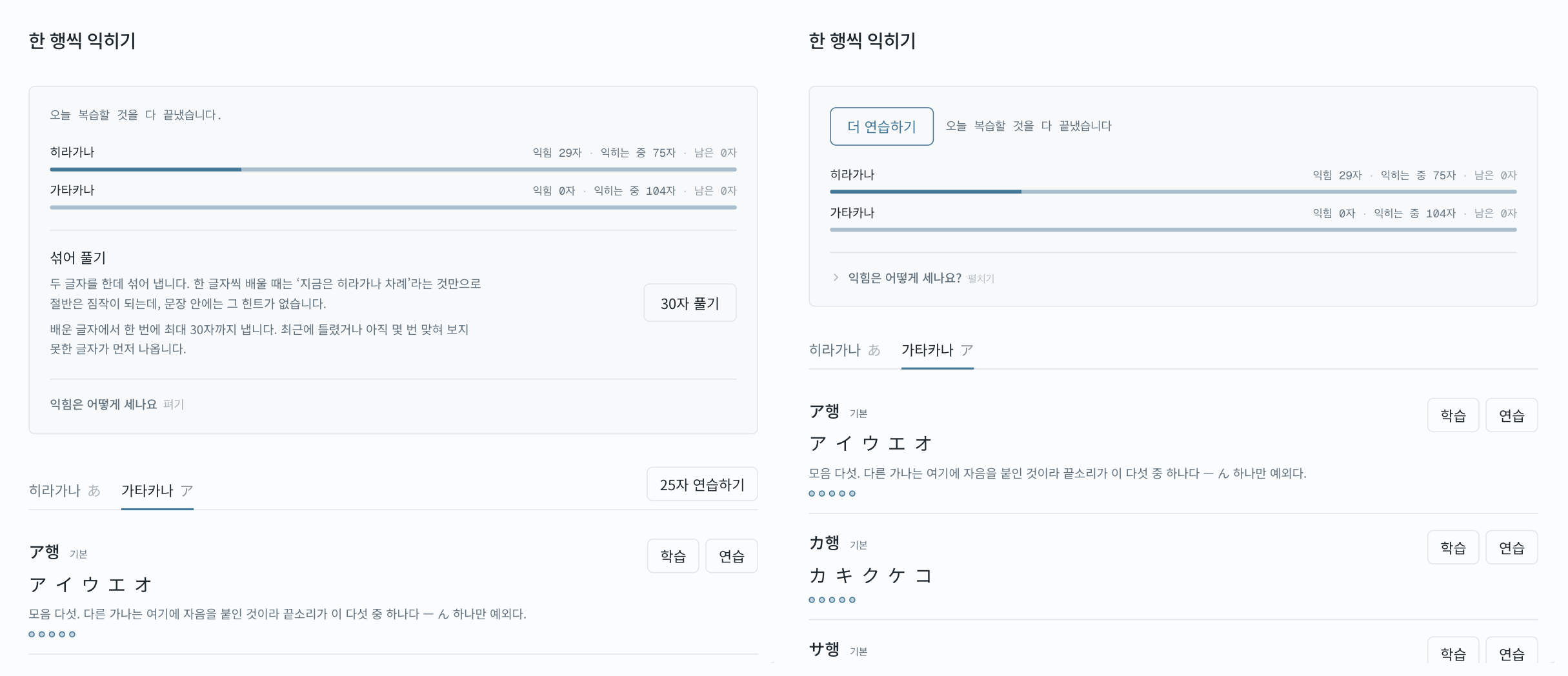 같은 자리의 전후 비교. 왼쪽에는 섞어 풀기 설명이 자리를 차지해 ア행 하나만 보이고, 오른쪽에는 같은 높이에 ア·カ·サ 세 행이 들어와 있다.